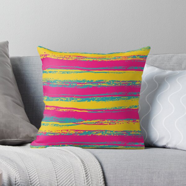 Horizontal Magenta, Yellow, Dark Turquoise Stripes Throw Pillow