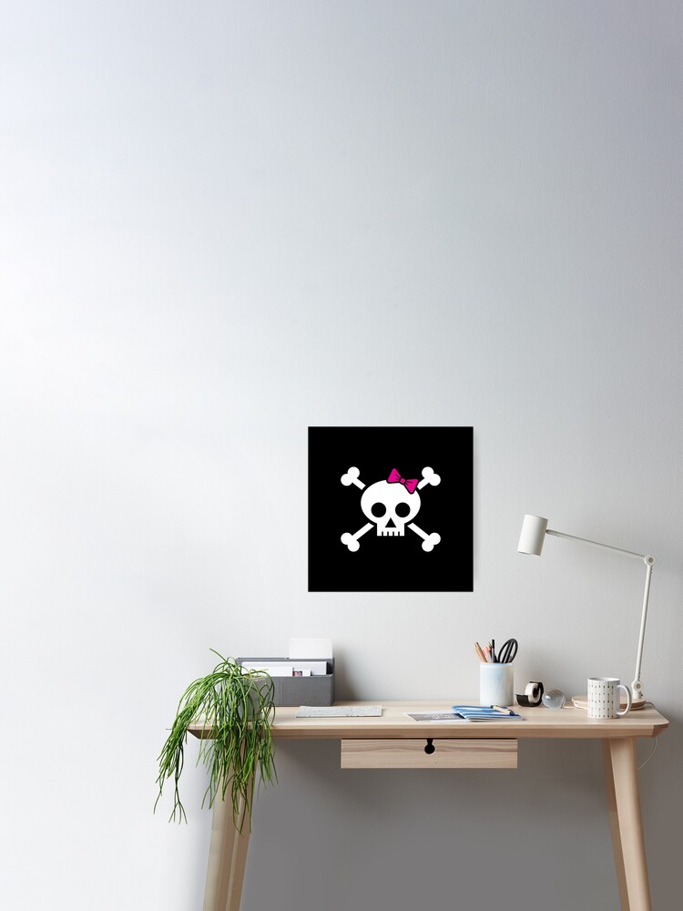 Girl pirate skull and bones with pink ribbon hair bow Poster for