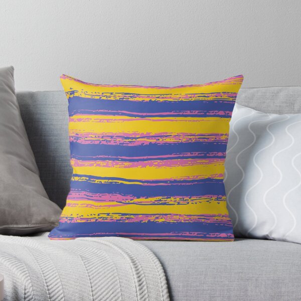 Horizontal Blue, Yellow, Light Pink Stripes Throw Pillow