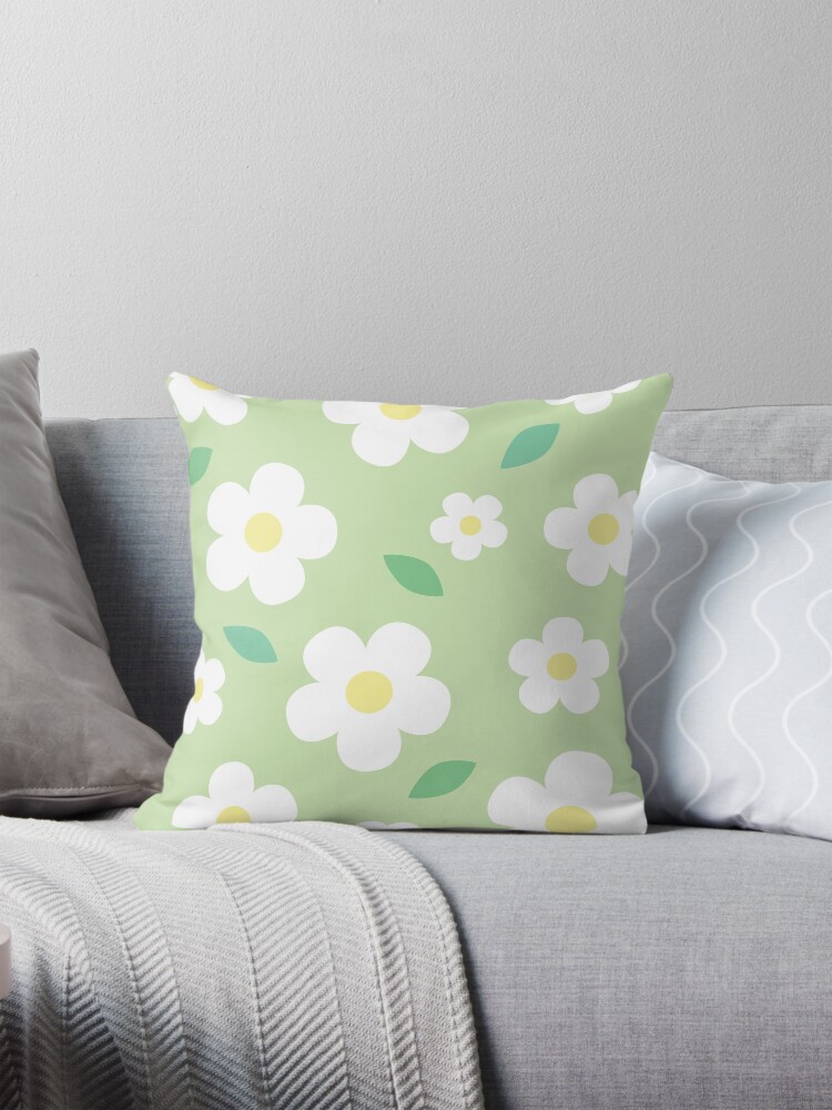 White Flower Pastel Green Kawaii Cute Cottagecore Aesthetic Pillow