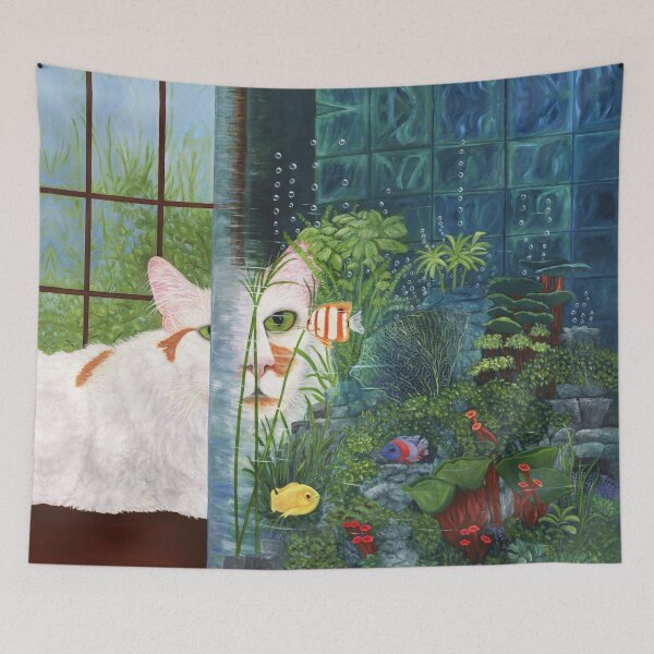 Item preview, Gato y acuario. Gato blanco mira fijamente a la colorida pecera grande designed and sold by KarenZuk.