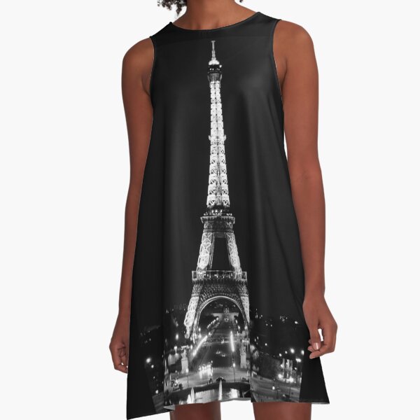 Eiffel Tower Paris at night black and white A-Line Dress