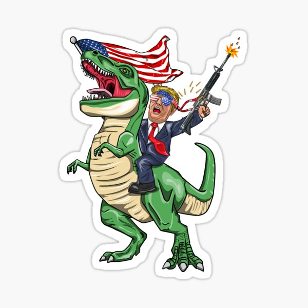 Vista previa del artículo con la obra «Ametralladora de Trump sobre un dinosaurio T-Rex con bandera estadounidense», diseñado y vendido por BUBLTEES.