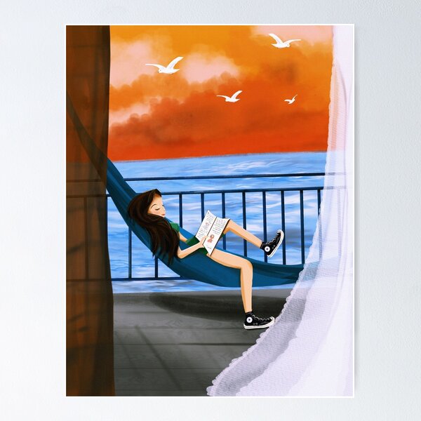 Item preview, Girl swinging and reading book on sea view balcony. designed and sold by Pragatirahullad.