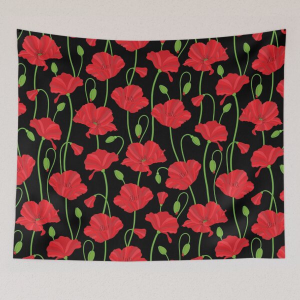 Item preview, Red poppy flowers and buds pattern on black background. designed and sold by The Pattern Mill.