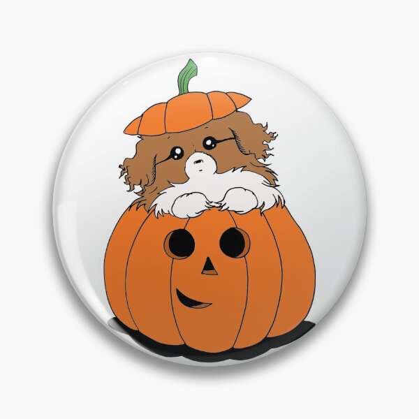 Item preview, Cute Beautiful and Funny Brown and White Parti Tibetan Spaniel in a Pumpkin Halloween Design designed and sold by Monica C. Webster.