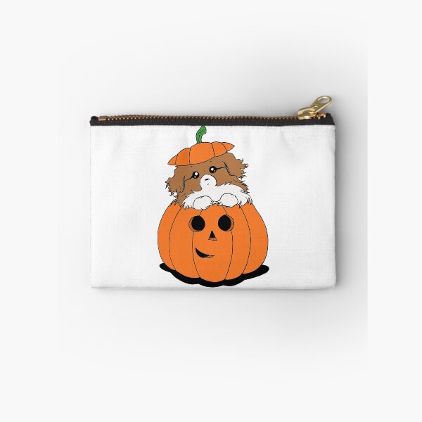 Item preview, Cute Beautiful and Funny Brown and White Parti Tibetan Spaniel in a Pumpkin Halloween Design designed and sold by Monica C. Webster.