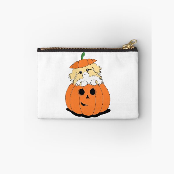 Item preview, Cute Beautiful and Funny Light Sable Tibetan Spaniel in a Pumpkin Halloween Design designed and sold by Monica C. Webster.
