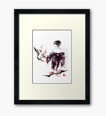 Geisha Geiko maiko young girl Kimono Japanese japan woman sumi-e original painting cherry blossom sakura pink water Framed Print