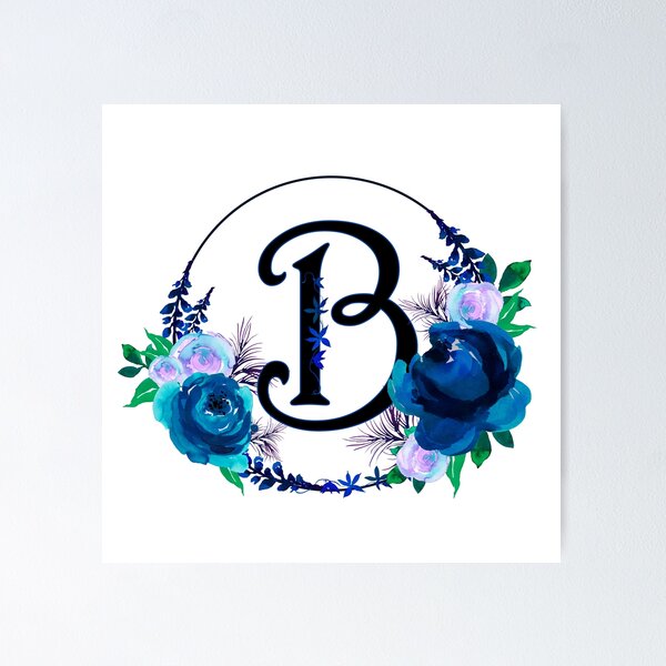 Floral alphabet, letter B with watercolor navy blue flowers and