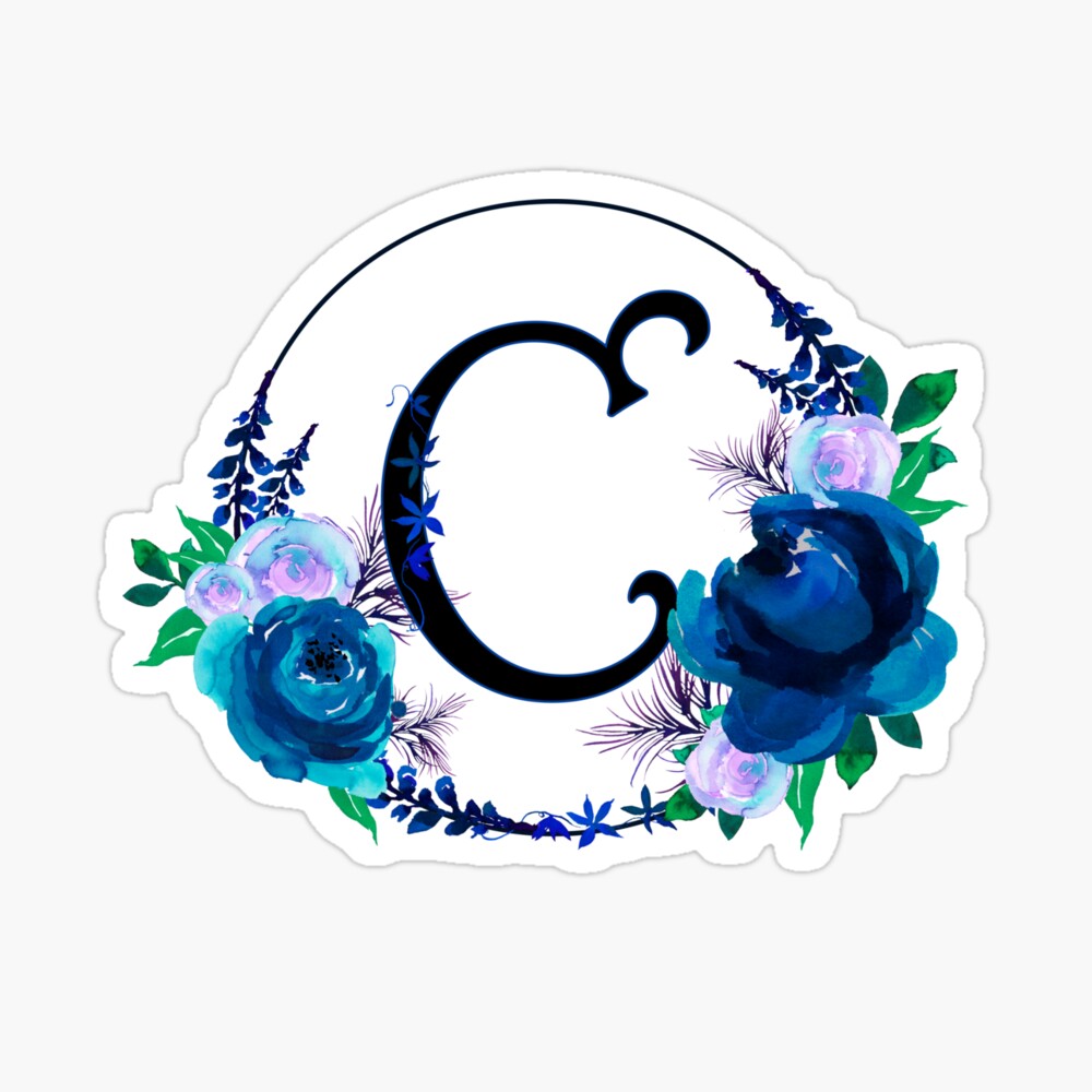 Watercolor Floral Monogram Letter C Classic Blue Decorated With