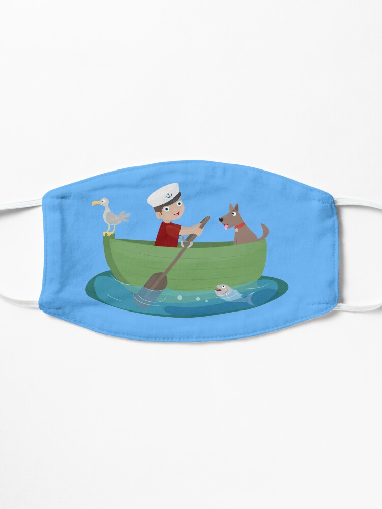 Cute boy sailor and dog rowing boat cartoon Mask for Sale by