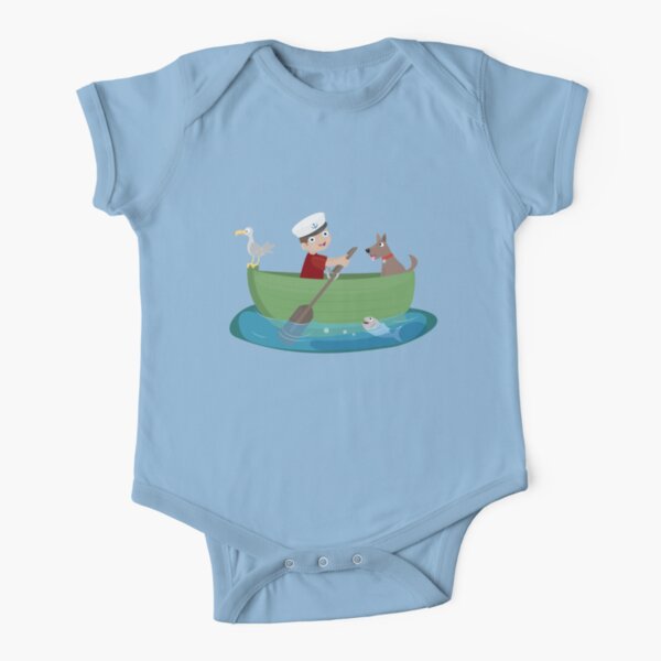 Cute boy sailor and dog rowing boat cartoon Short Sleeve Baby One-Piece