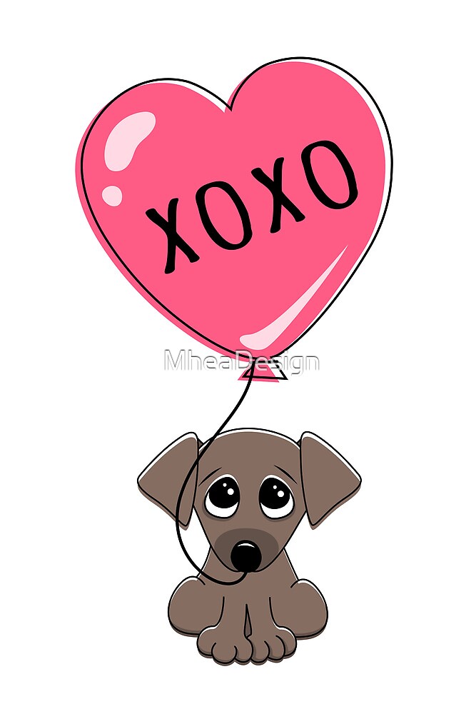 "Cute puppy dog holding heart balloon with text XOXO hugs and kisses