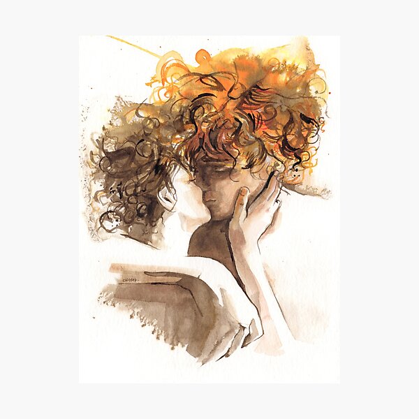 Watercolor the kiss - Red hair tangled - Couple kissing - Outlander Lovers - hug - love - sexy reddish brown orange tones - lovers Photographic Print