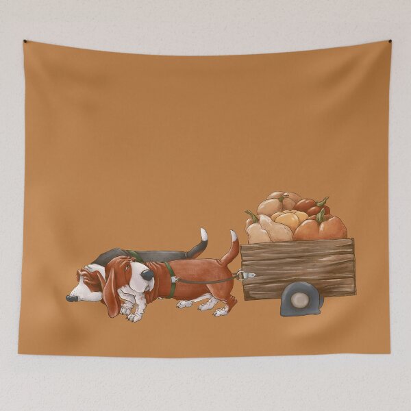 Item preview, Two dogs are carrying a cart with an autumn harvest. The Bassetts have collected pumpkins from the vegetable garden. designed and sold by katyaZverek.