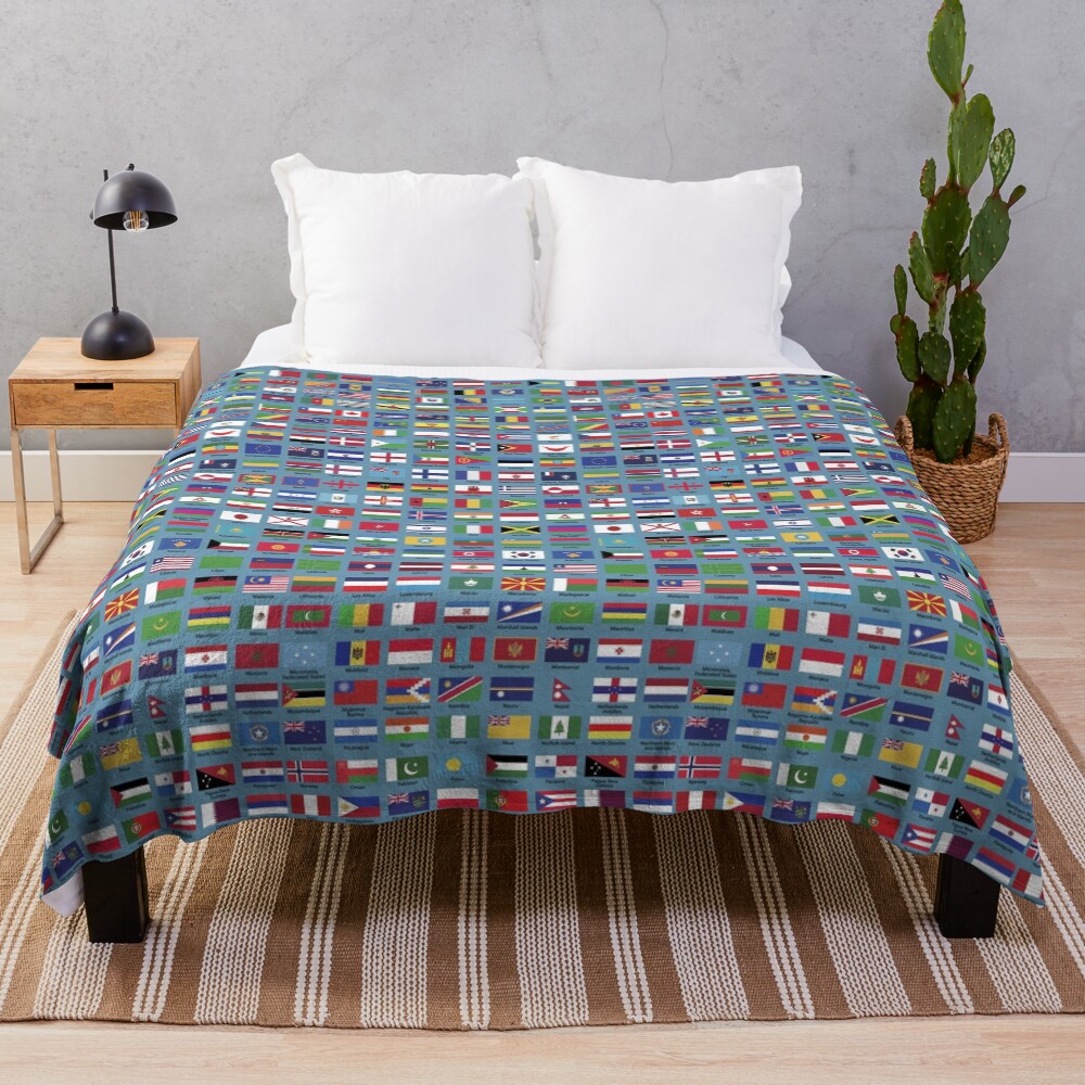 World Flags with Country Names - Blue Throw Blanket