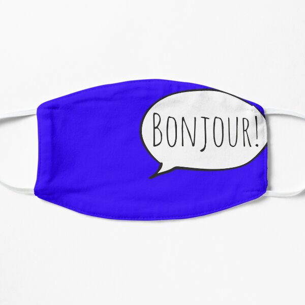 Cheerful BONJOUR! with white speech bubble on blue (Français / French) Flat Mask