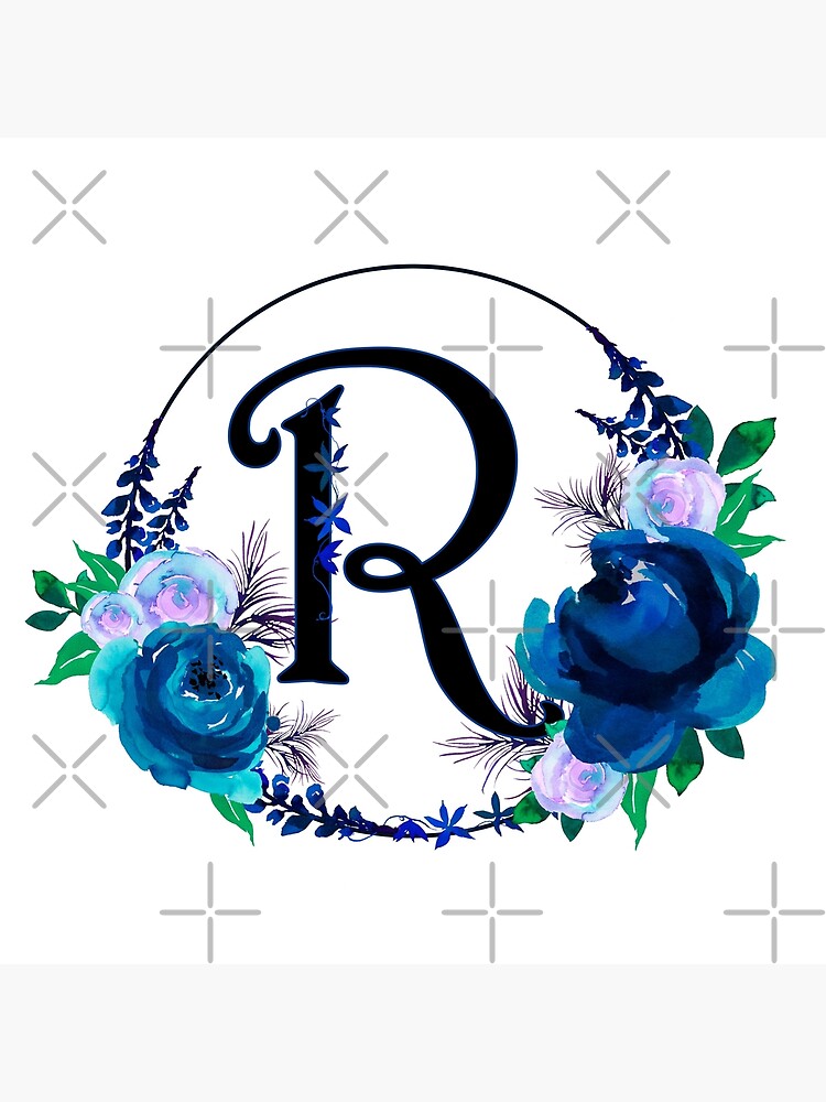 Watercolor floral monogram, letter - classic blue decorated with