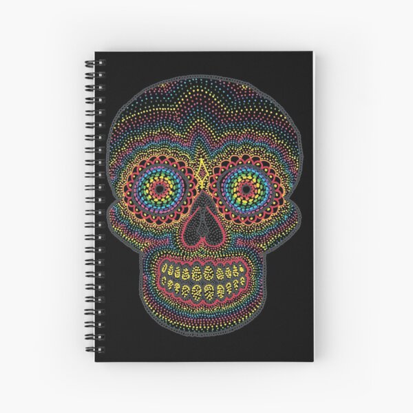 Dotty Rainbow Sugar Skull - Black Background Spiral Notebook