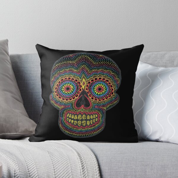 Dotty Rainbow Sugar Skull - Black Background Throw Pillow