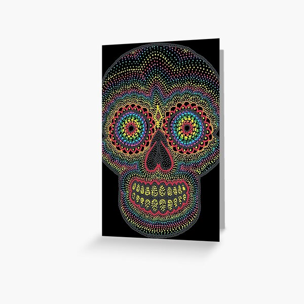 Dotty Rainbow Sugar Skull - Black Background Greeting Card