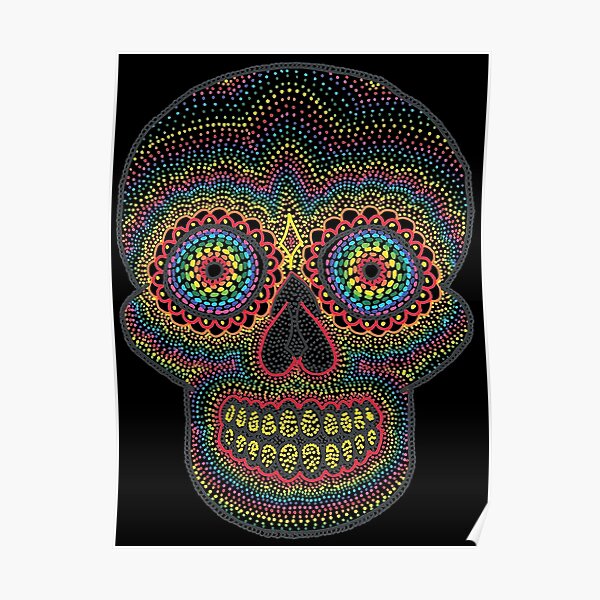 Dotty Rainbow Sugar Skull - Black Background Poster