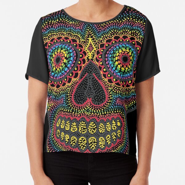 Dotty Rainbow Sugar Skull - Black Background Chiffon Top