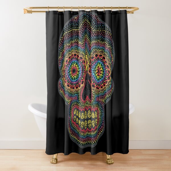 Dotty Rainbow Sugar Skull - Black Background Shower Curtain