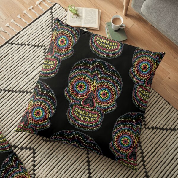 Dotty Rainbow Sugar Skull - Black Background Floor Pillow