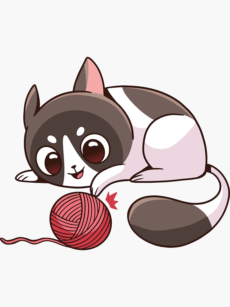 Adorable Kawaii Cat Playing with Yarn Sticker