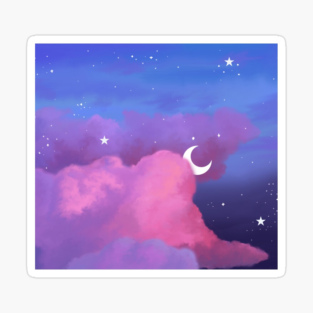 Aesthetic Dark Blue Sky With Pink Clouds, Stars And Moon