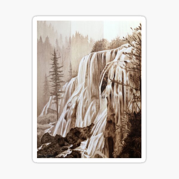Waterfall woodburning art by Minisa Robinson Sticker
