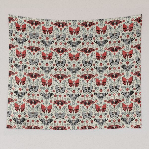 Item preview, Gothic Halloween design of Skulls and Butterflies and flowers on a light background  designed and sold by Portia Monberg.