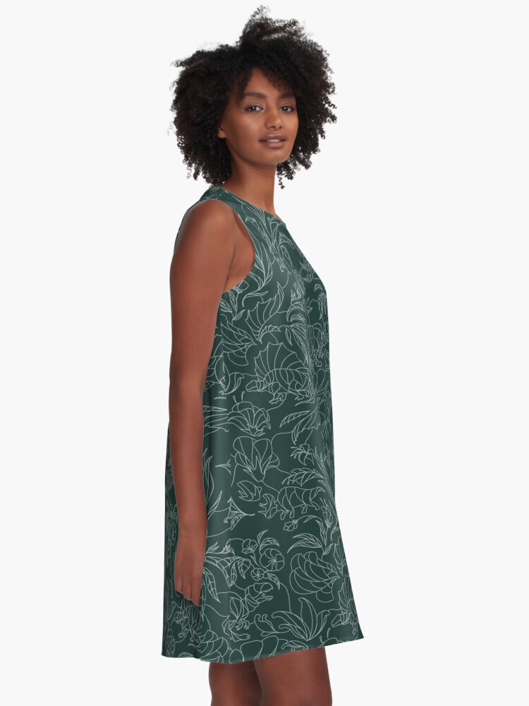 Thumbnail 2 of 4, A-Line Dress, Hidden Dinosaurs - Floral Pattern - Teal and Silver designed and sold by tanimator.