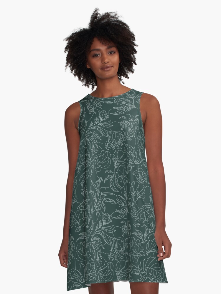 Thumbnail 1 of 4, A-Line Dress, Hidden Dinosaurs - Floral Pattern - Teal and Silver designed and sold by tanimator.
