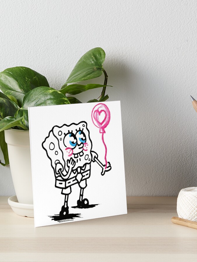 Spongebob with a heart balloon, classic drawing illustration, illusion,  emoji, meme, cartoon, lives in the pineapple under the sea, yellow sponge,  patrick star, nice gift Art Board Print by Mariuki Flow