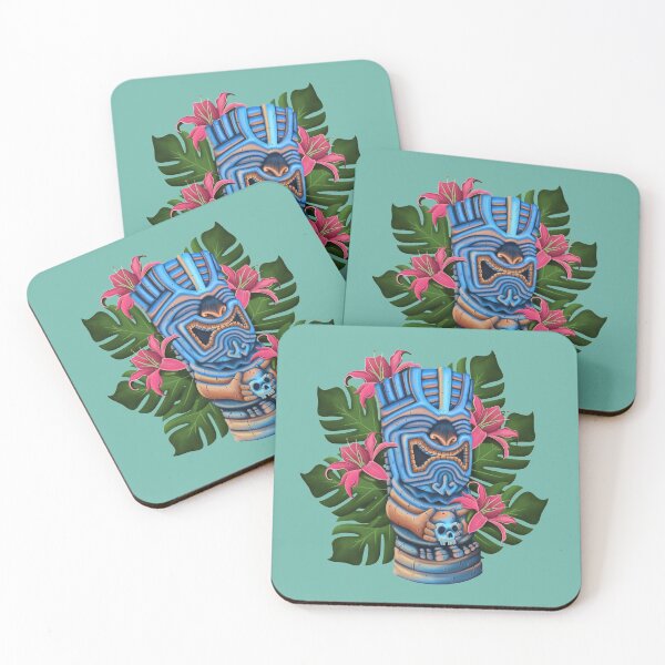 Item preview, Smiling Tropical Tiki - Hawaii, Palms, Flowers, Summer - Blue and Green designed and sold by electricdreamz.