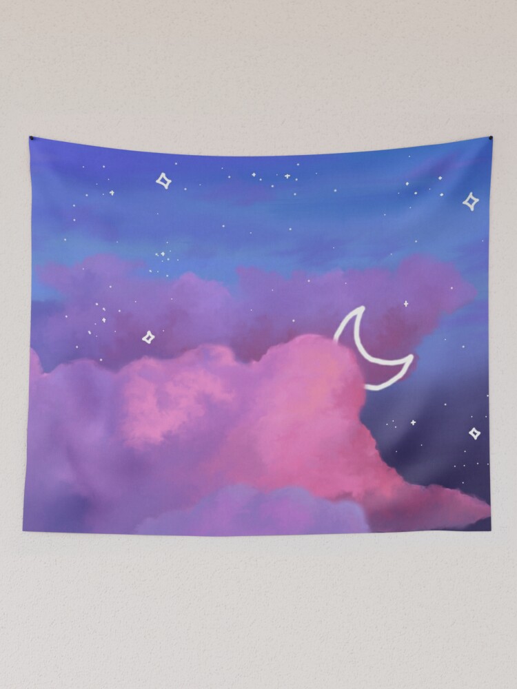 Aesthetic Dark Blue Sky with Pink Clouds, Moon and cute stars