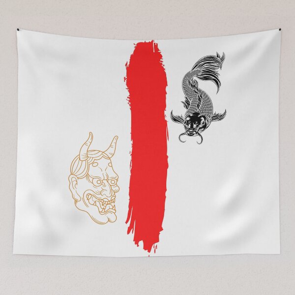 Item preview, japanese demon mask and carp (version with black carp) designed and sold by SpicyCherrys.
