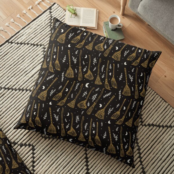 Witches Brooms in Black and Yellow Floor Pillow