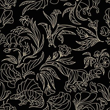 Artwork thumbnail, Hidden Dinosaurs - Elegant Floral Pattern - Black and Gold by tanimator