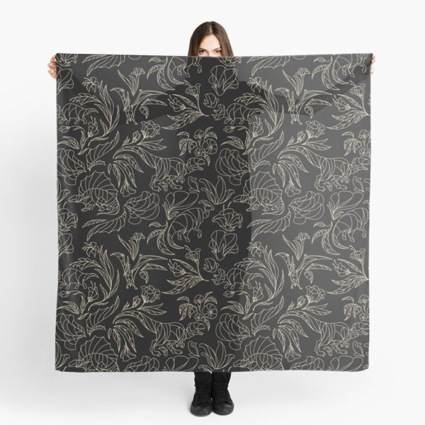 Hidden Dinosaurs - Elegant Floral Pattern - Black and Gold Scarf