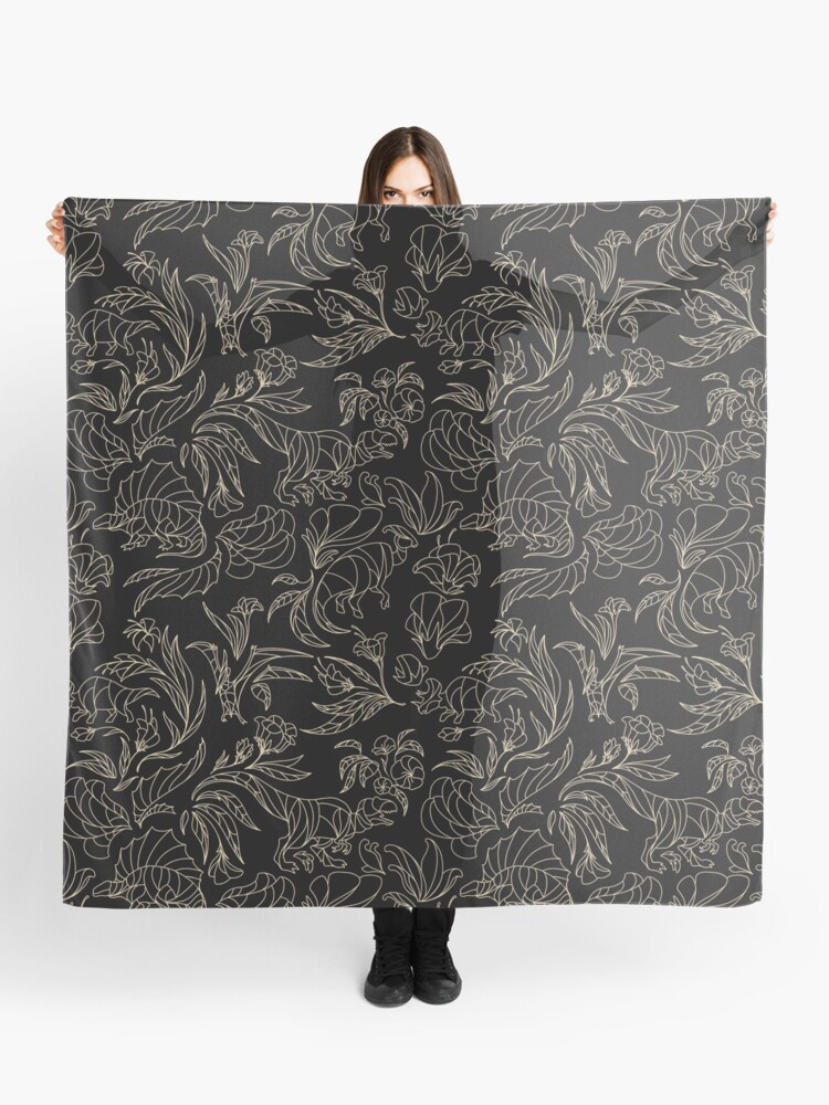 Thumbnail 1 of 3, Scarf, Hidden Dinosaurs - Elegant Floral Pattern - Black and Gold designed and sold by tanimator.