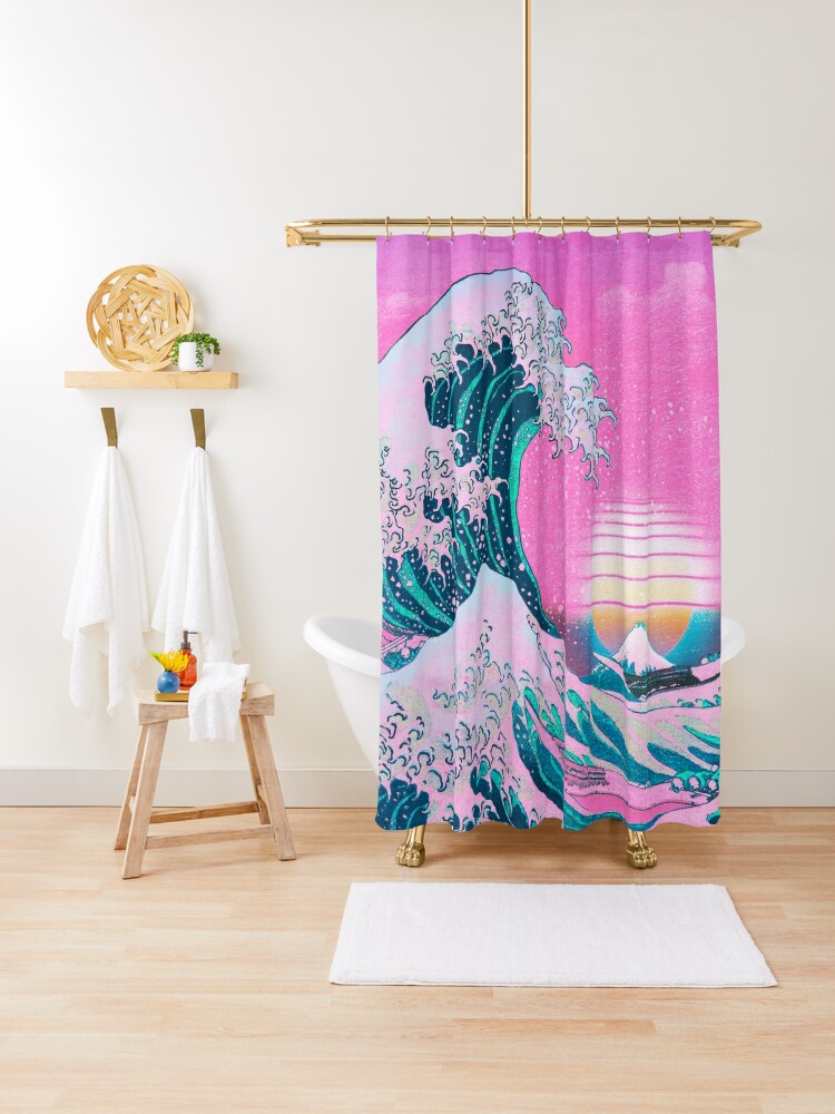 Koi Fish Shower Curtain Japanese Great Wave of Kanagawa Pink