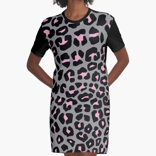 Leopard Spots Print Pattern in Pink and Grey Graphic T-Shirt Dress