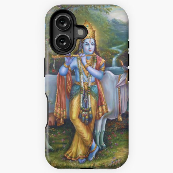 Artikel-Vorschau von Lord Krishna spielt Flöte, in der Natur mit Nandi, beide Symbole der Freude, designt und verkauft von heartsforlove.