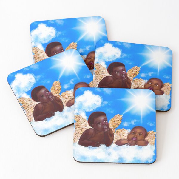 Artikelvorschau, Cherubim – Engel mit brauner Haut, lockigem Afro-Haar und goldenen Flügeln, tief in Gedanken versunken auf einer Wolke entworfen und verkauft von Artonmytee.
