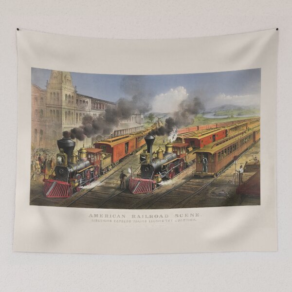 Item preview, Lightning Express Trains Leaving The Junction - American Railroad Scene - 1874 designed and sold by warishellstore.