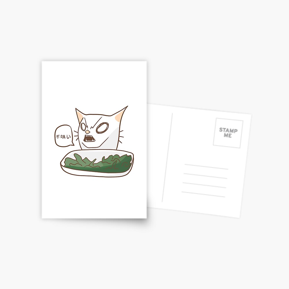 "Angry cat eating vegetables Meme Chibi" Postcard for Sale by